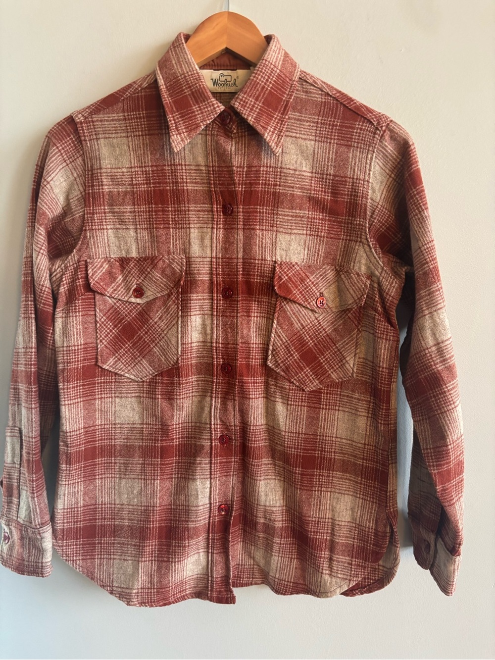 Vintage 70s Woolrich Women's Shadow Plaid Wool Flannel Shirt Size 12 Made in USA